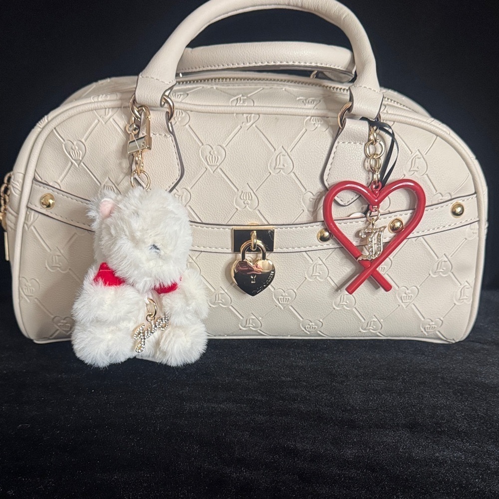 Juicy Couture Exclusive Beige Satchel with Red Heart and Bear Charm